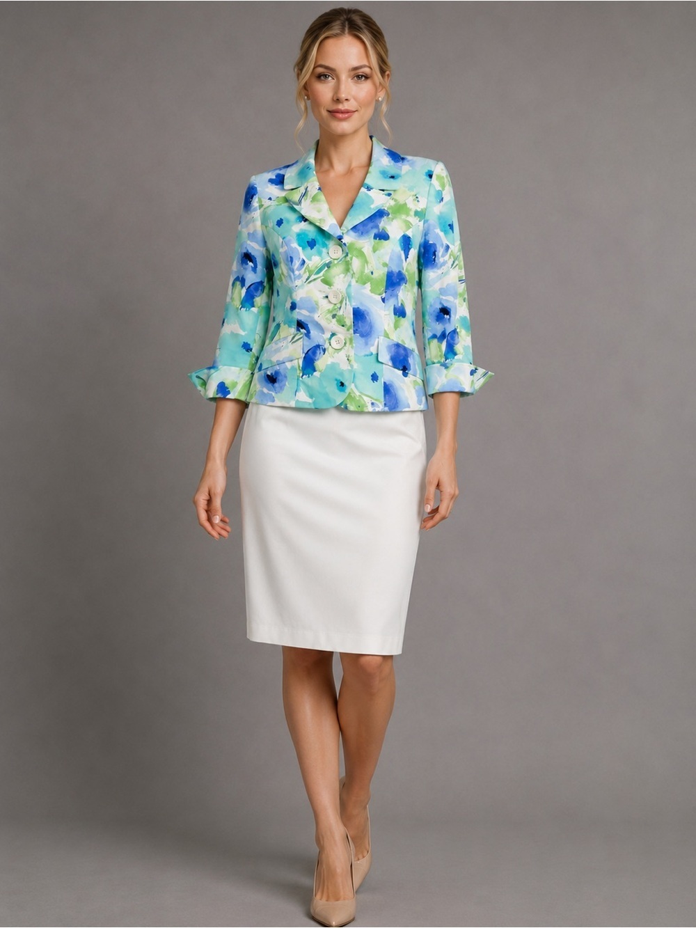 Evan Picone Floral Skirt Suit | Size 8 | Watercolor Jacket & White Skirt Set